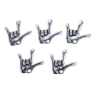 Detailed view of five silver-toned I Love You hand gesture pendants for DIY jewelry