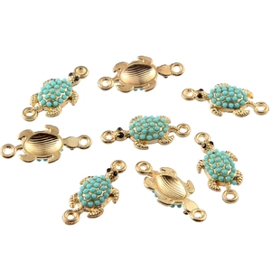 Set of 8 gold turtle connectors with turquoise beads for DIY jewelry making