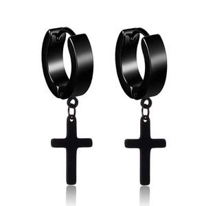 Pair of minimalist black stainless steel hoop earrings with hanging cross pendants