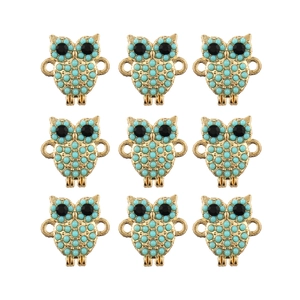 Set of nine blue crystal owl connectors with golden finish for DIY jewelry making