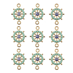Golden ship wheel alloy pendants with turquoise beads and evil eye charms for jewelry