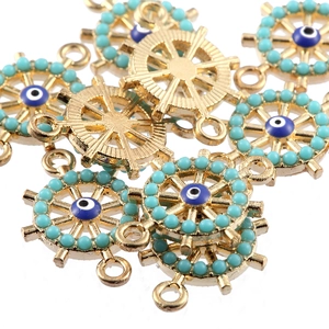 Goldene Steuerrad-Anhänger mit blauer Böser Blick-Perle und Türkis für DIY-Schmuckherstellung