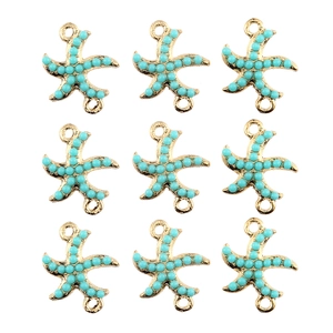 Nine golden starfish charms with turquoise beads for DIY jewelry making in a 3x3 grid