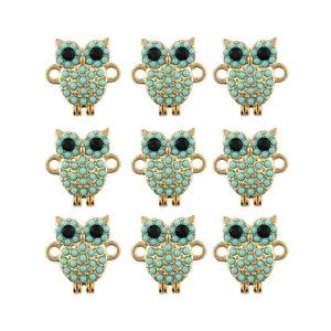Golden owl charms with turquoise beads and black rhinestones for DIY jewelry making
