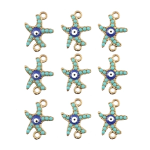Gold starfish connector charms with turquoise beads and blue evil eye detail