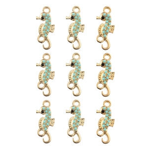 Detailed view of nine gold seahorse charms with turquoise beads and black eye accents