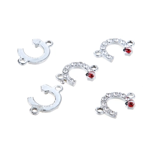 Silver horseshoe beetle connector charms with white rhinestones and red enamel details