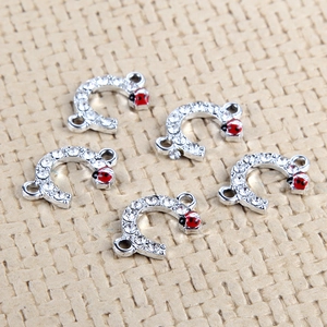 5pcs silver horseshoe connectors with rhinestones and red ladybugs for DIY jewelry