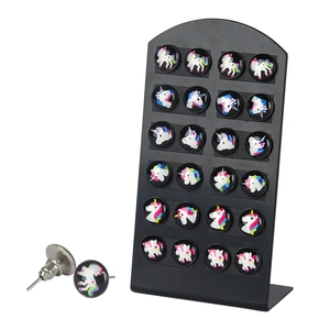 Coffret de 12 paires de boucles d'oreilles licorne avec présentoir en plastique noir