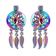 Detailed close-up of rainbow gradient dreamcatcher pendants with lotus and feathers