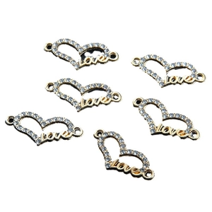Connecteurs de bijoux dorés en forme de cœur avec strass et inscription Love