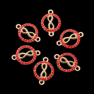 Conector círculo infinito dorado con pedrería roja para creación de joyas DIY