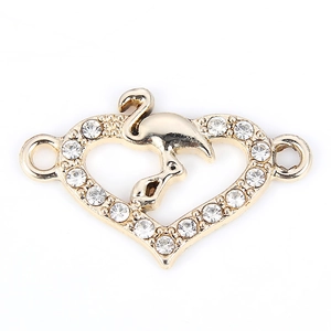Connecteur flamant rose en cœur doré avec strass scintillants pour création de bijoux
