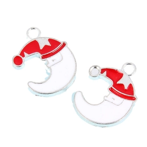 Kerst maan hangers met kerstmuts gemaakt van rood en wit emaille legering voor DIY sieraden