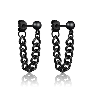Men's black double chain earrings in punk style with ball studs and stainless steel finish