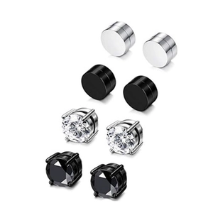 Set of 4 pairs magnetic stainless steel stud earrings with zircon and round flat head designs