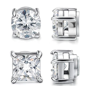 Classic silver magnetic stud earrings with round and princess cut white zircon stones