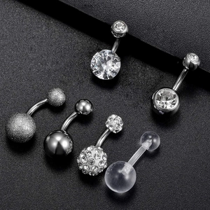 Set of surgical steel belly rings with acrylic balls, rhinestones, and frosted finishes
