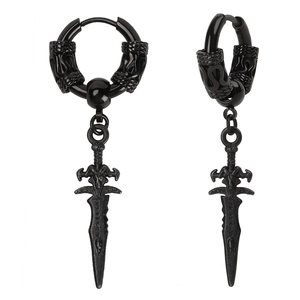 Detail of matte black gothic sword earrings with goat head motif and rune texture