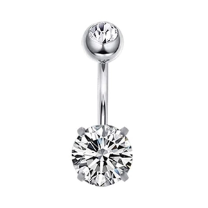 Macro shot of silver navel ring with four-prong set sparkling round cubic zirconia stones