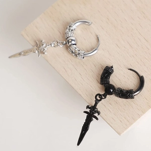 Gothic punk sword hoop earrings in vintage silver and black metal for men and women