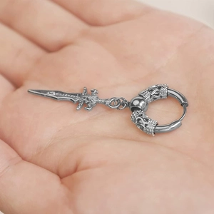 Gothic silver sword drop earrings in stainless steel with punk cross dagger pendant