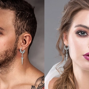 Gothic punk sword drop earrings for men and women featuring textured hoops and cross dagger
