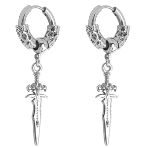 Gothic style stainless steel hoop earrings featuring dragon heads and sword charms