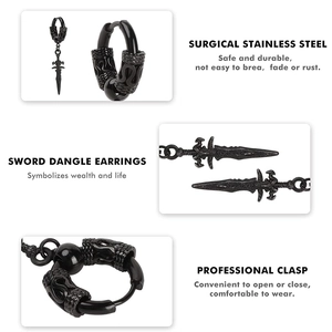 Detail of surgical stainless steel black sword drop earring with engraved hoop clasp