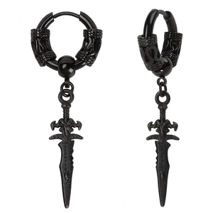 Macro detail of black punk sword dagger pendant earrings with matte stainless finish