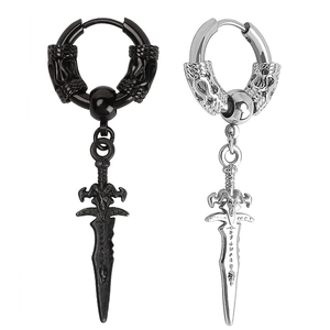 Gothic Punk Surgical Stainless Steel Dagger Sword Pendant Huggie Earrings Vintage Dragon Engraved Ear Hoop Jewelry For Men Women