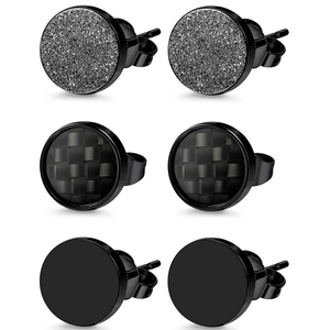 Herren Schwarz Edelstahl Runde Ohrstecker Set Mattiert Kohlefasertextur Matt Minimalistisch Unisex Schmuck