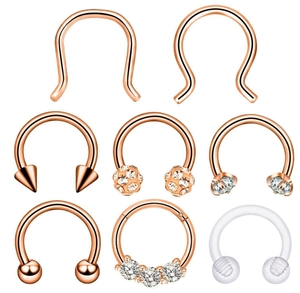 9pcs rose gold stainless steel nose ring set featuring zircon inlay and horseshoe designs