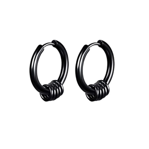 Detail view of black stainless steel hoop earrings with five decorative dangling small rings