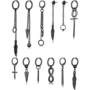 Stainless Steel Punk Hoop Earrings With Cross Feather Leaf Pendant Drop Earrings For Men Women Unisex Hip Hop Jewelry