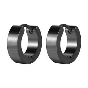 Detail of matte black stainless steel huggie hoop earrings with secure click closure