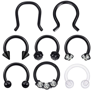 8-piece black stainless steel nose ring set with horseshoe hoops and crystal studs