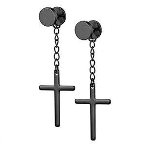 Detail of black stainless steel cross drop earrings with round stud and chain links