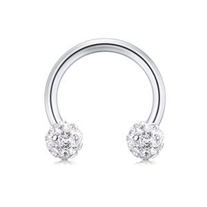 Polished silver horseshoe nose ring with dual shimmering crystal pave balls