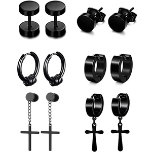 Black Stainless Steel Earrings Set For Men Cross Pendant Stud Hoop Dumbbell Gothic Punk Piercing Jewelry Collection