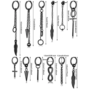 Set of 12 black stainless steel hoop earrings with cross, leaf, and chain pendants