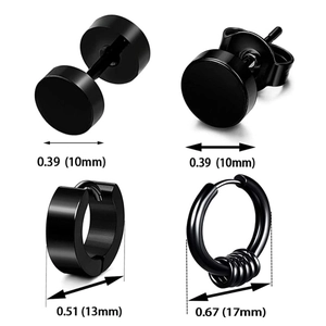 6-pair set of minimalist black stainless steel earrings featuring studs and hoops