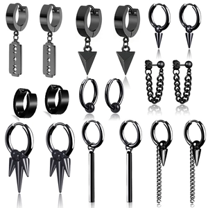 Set of nine pairs of black punk stainless steel earrings featuring blade and spike charms