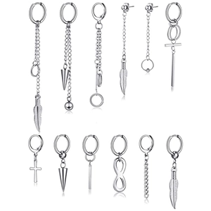 Set of 12 silver stainless steel punk earrings featuring cross feather and cone pendants