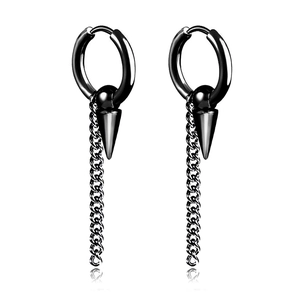 Close-up of black punk hoop earrings with pointed cone pendant and long metal chain detail