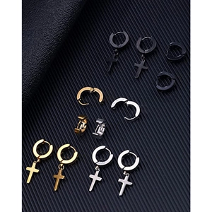 Men's stainless steel hoop earring set with cross pendants in black, gold, and silver