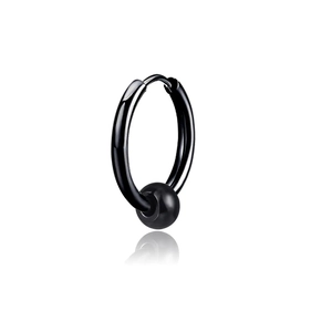 Detailed view of black polished hoop earring with decorative bead and sleek metallic finish