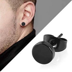 Minimalist black stainless steel round stud earrings set for men in macro view