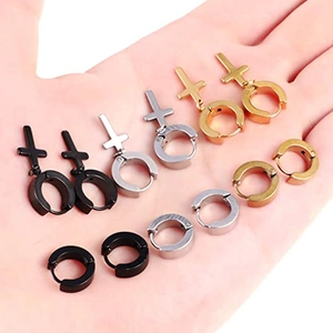 Men's stainless steel cross hoop earrings set in black silver and gold finishes