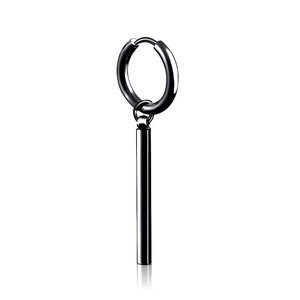 Detailed view of the black matte cylindrical pendant on a sleek metal hoop earring